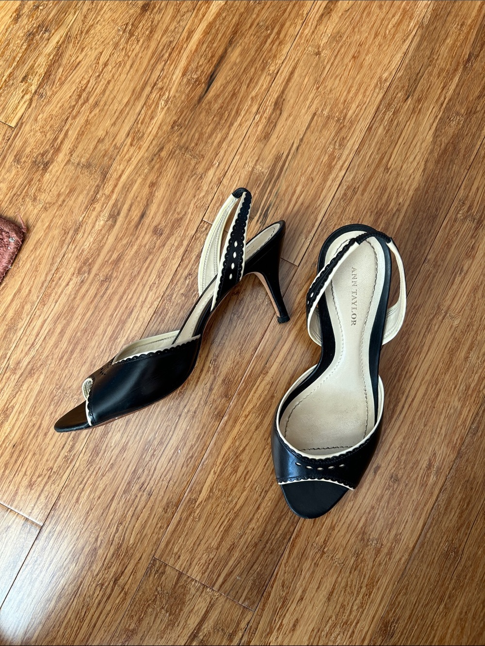 Ann Taylor Black and Cream Open-Toe Slingback Heels